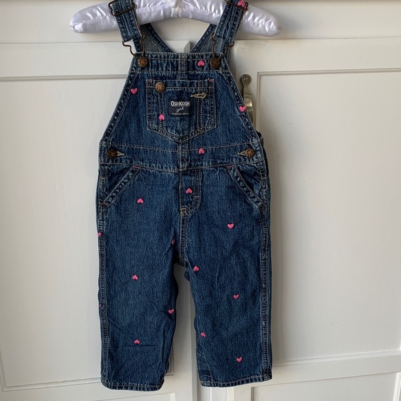 OshKosh B'gosh Dark Blue Denim Overalls with Pink Heart Details - Picture 7 of 9
